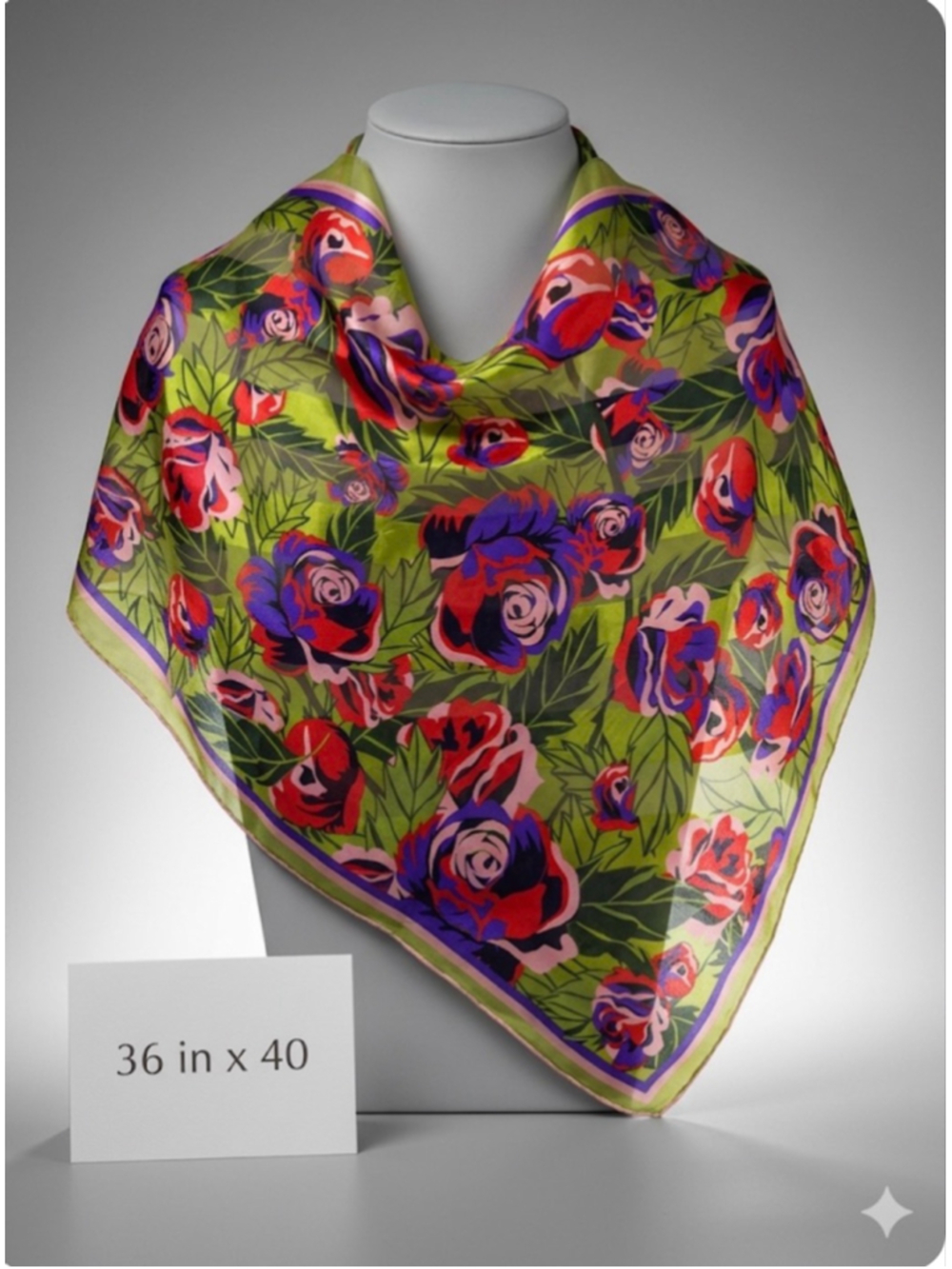 LaCole Large Green Red Pink Floral Silk Feel Scarf